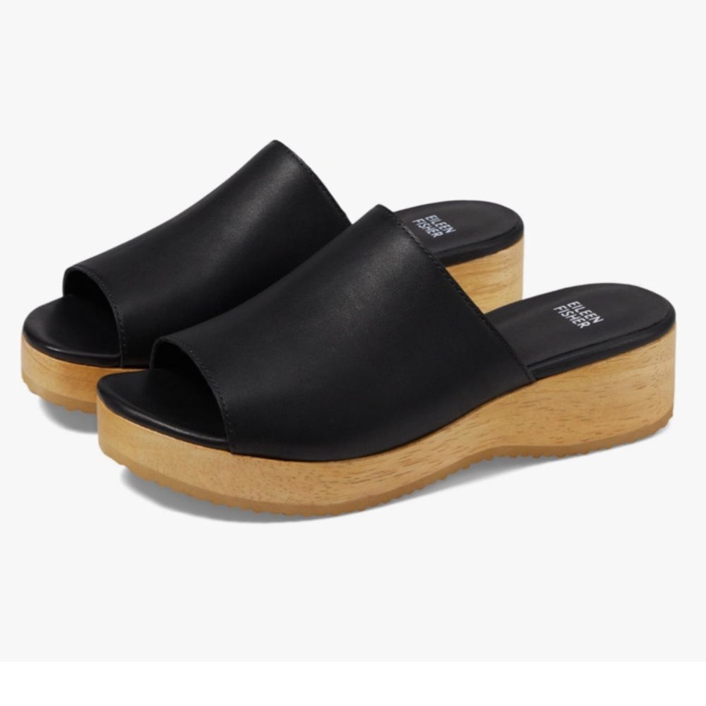 Eileen Fisher Size 11 Novel Black Leather Platform Wooden Clog Slide Sandals - Picture 16 of 16